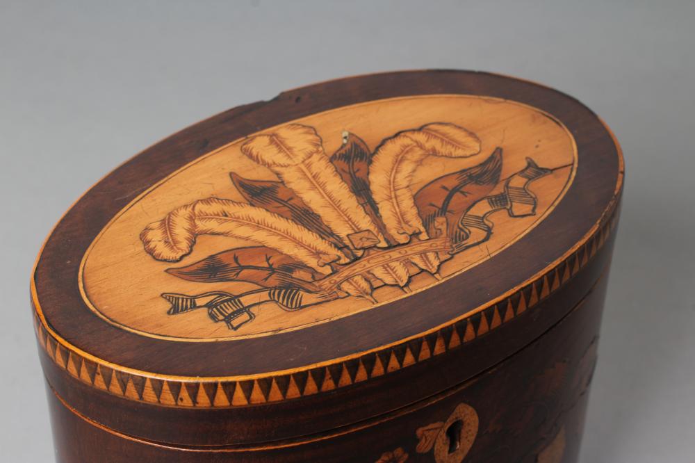 A REGENCY MAHOGANY TEA CADDY of oval form with ribbon tied marquetry flowers and berried branches, - Image 3 of 6