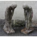 A PAIR OF COMPOSITION STONE POND SIDE FIGURES modelled as young nude girls leaning forward, on