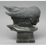 AN ART DECO STYLE GREEN MARBLE FEMALE BUST, modelled with flowing hair, raised on stepped oblong