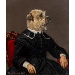 THIERRY PONCELET (Belgian b.1946), Portrait of a Norfolk Terrier seated and wearing a Black Dress,