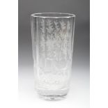 A PANELLED CYLINDRICAL GLASS VASE, probably Bohemian, early 20th century, deeply engraved and cut