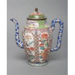 A CANTON ENAMEL WINE POT AND COVER of lobed cylindrical form with slender angular handle and
