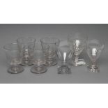 A SET OF FOUR GEORGIAN GLASS RUMMERS, the plain bucket bowls on single knopped stems, 4 3/4" high,