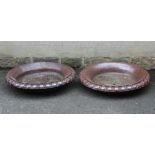 A PAIR OF LARGE SALT GLAZED POTTERY FOUNTAIN TRAYS of shallow circular form with egg and dart