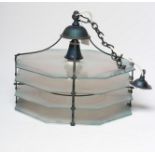 AN ART DECO STYLE LIGHT PENDANT, early/mid 20th century, the blued metal cage enclosing four