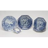 A COLLECTION OF BRAMELD PEARLWARE comprising a pair of octagonal "Returning Woodman" plates, 8 3/