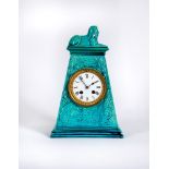 A BURMANTOFT'S FAIENCE TURQUOISE GLAZED AESTHETIC STYLE MANTEL CLOCK, early 20th century, of