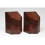 A PAIR OF GEORGIAN MAHOGANY KNIFE BOXES, late 18th century, of serpentine form, the hinged lid