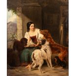 (?) WHITLEY (19th Century), Wait, a Young Woman feeding three Dogs, oil on canvas, laid on board,