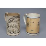 A CREAMWARE MUG, late 18th century, of plain cylindrical form painted with blue flower sprigs on