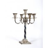 AN EDWARDIAN SILVER FOUR BRANCH FIVE LIGHT CANDELABRUM, maker Hawksworth Eyre & Co. Ld., Sheffield