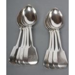 A SET OF NINE VICTORIAN SILVER DESSERT SPOONS, maker J. Stone, Exeter 1857, in Fiddle pattern,