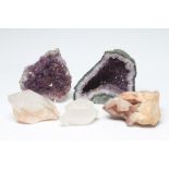 LARGE NATURAL HISTORY SPECIMENS comprising a 19cm tall amethyst cathedral geode, an 18cm section