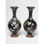 A PAIR OF JAPANESE CLOISONNE ENAMEL VASES, Meiji period, of baluster form with waisted necks,