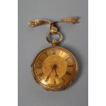 A VICTORIAN 18CT GOLD FOB WATCH, the gilt dial with black Roman numerals to the engine turned