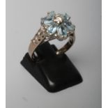 AN AQUAMARINE AND DIAMOND CLUSTER RING, the central round brilliant cut diamond claw set to a border