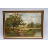 CHARLES P SHAW (19th Century), Pastoral Scene with Sheep Resting and Boy Fishing, oil on canvas,