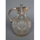 A LATE VICTORIAN SILVER MOUNTED GLASS CLARET JUG, maker Roberts & Belk, Sheffield 1893, the baluster