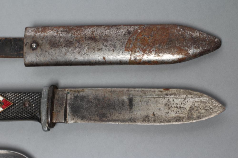 A HITLER YOUTH KNIFE, with 5" blade, third reich enamel lozenge to grip and metal sheath with - Image 3 of 6