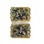 A PAIR OF PALISSY STYLE MAJOLICA PLAQUES, late 19th century, of oblong form, moulded and applied
