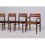 H.W.KLEIN FOR BRAMIN- A ROSEWOOD DINING TABLE AND CHAIRS, the extending oblong table with folding
