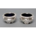 A PAIR OF GEORGE IV SILVER SALTS, maker Charles Fox, London 1826, of lobed squat baluster form