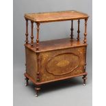 A VICTORIAN BURR WALNUT TWO TIER BUFFET with foliate marquetry sprays linked by stringing, the