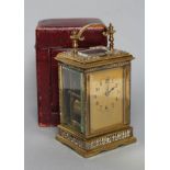 A BRASS CASED CARRIAGE CLOCK, 20th century, the twin barrel movement with platform escapement