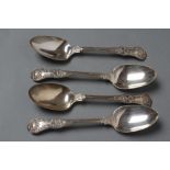 A SET OF FOUR WILLIAM IV SILVER DOUBLE STRUCK OYSTER BACK QUEEN'S PATTERN DESSERT SPOONS, maker