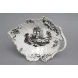 A FIRST PERIOD WORCESTER PORCELAIN LEAF SHAPED DESSERT DISH, c.1760, on-glaze printed in black