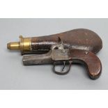 A PERCUSSION POCKET PISTOL by Joseph Hollis, with 1 3/4" barrel, etched action and walnut slab grip,