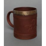AN ELERS TYPE REDWARE MUG, early 18th century, of plain cylindrical form, the reeded pulled and