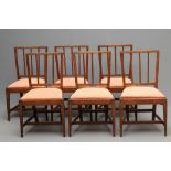 A SET OF SIX GEORGIAN COUNTRY OAK DINING CHAIRS, c.1800, of brander back type with three bar splats,