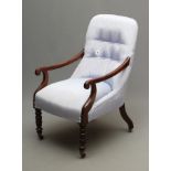 A WILLIAM IV MAHOGANY SHOW FRAME ARMCHAIR button upholstered in powder blue watered silk, mildly