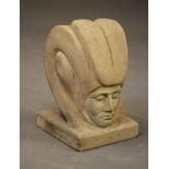 A CARVED SANDSTONE MALE HEAD (Aztec(?)), on square base, unsigned, 7 1/4" x 11 1/4" (Est. plus 21%