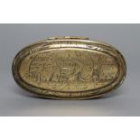 AN ANGLO-DUTCH OVAL BRASS TOBACCO BOX, 18th century, the hinged cover engraved with a couple in an