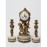 A FRENCH GILT METAL AND WHITE MARBLE CLOCK GARNITURE, the eight day movement striking a bell on
