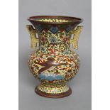 A CHINESE CHAMPLEVE ENAMEL VASE of baluster form with two angular handles, decorated in colours with