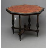 A VICTORIAN AMBOYNA, EBONISED AND PARCEL GILT OCCASIONAL TABLE of octagonal form with gilt metal