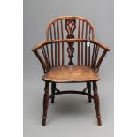 A YEW, ASH AND ELM WINDSOR CHAIR, early/mid 19th century, of low hoop back form with pierced and