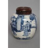 A CHINESE PORCELAIN JAR of rounded cylindrical form, painted in underglaze blue with male figures
