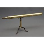 A THREE INCH BRASS LIBRARY TELESCOPE, late 19th century, with rack and pinion focusing, on turned
