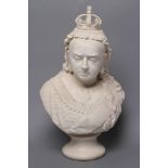 A ROBINSON & LEADBEATER PARIAN BUST, 1887, modelled as Queen Victoria, titled "Jubilee 1887" on a