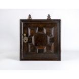 AN OAK SPICE CUPBOARD, late 17th century and later, the geometric moulded door enclosing an