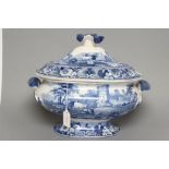 A PEARLWARE "SLINGSBY CASTLE" PATTERN BLUE AND WHITE PRINTED SOUP TUREEN AND COVER, c.1820, of