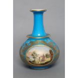 A TURQUOISE OVERLAY WHITE OPAQUE GLASS BOTTLE VASE, mid 19th century, with clear turquoise knopped