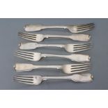 A SET OF SIX WILLIAM IV IRISH SILVER FIDDLE PATTERN TABLE FORKS, maker James Brady, Dublin 1835,