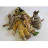 Five vintage soft toys, comprising a 20" Merrythought bear with original clothing, a Merrythought