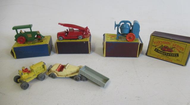 Matchbox Moko 1 road roller, No 3 cement mixer, No 9 fire engine, boxes G, models G-E, and a No 13