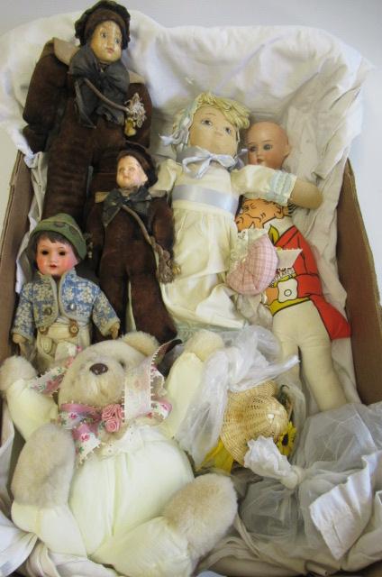 A collection of dolls and soft toys, including two composition head sailor boys with musical